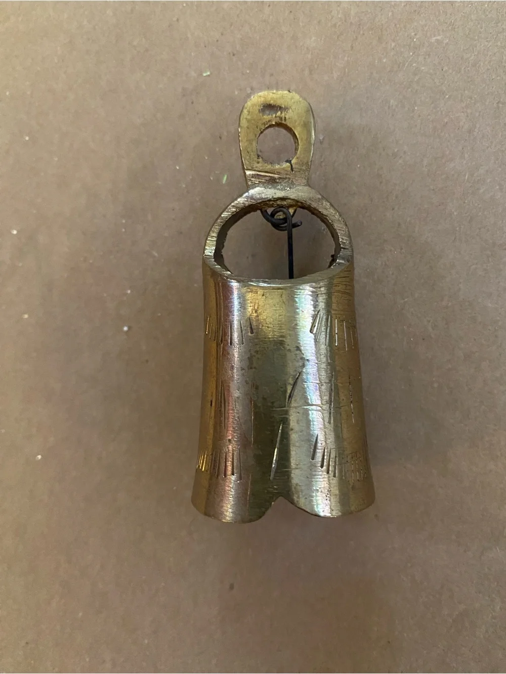 Brass Vintage gold Tone Bell etched, old, patina, Christmas bell Ange wing look